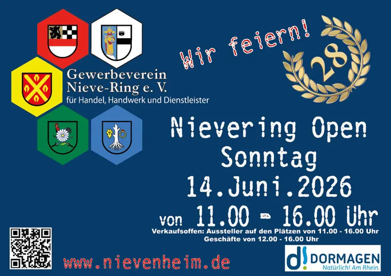 Plakat Nievering Open 2026: Fest der Vereine am Sonntag, 14. Juni 2026, 11 bis 16 Uhr auf dem Salvatorplatz